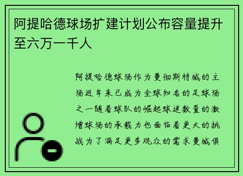 阿提哈德球场扩建计划公布容量提升至六万一千人